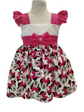 Peques baby girl's white dress with Minnie Mouse print, pink polka dot bodice, and puffed sleeves.